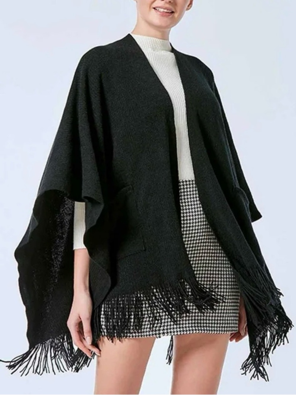 NEW Isaac Mizrahi 100% Cashmere Fringe Kimono Sweater Black Luxury Boho Goth OS